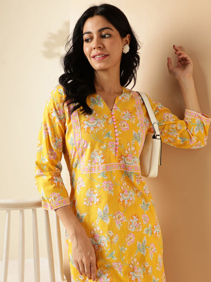 Yellow Floral Print With Lace Work Straight Cotton Kurta