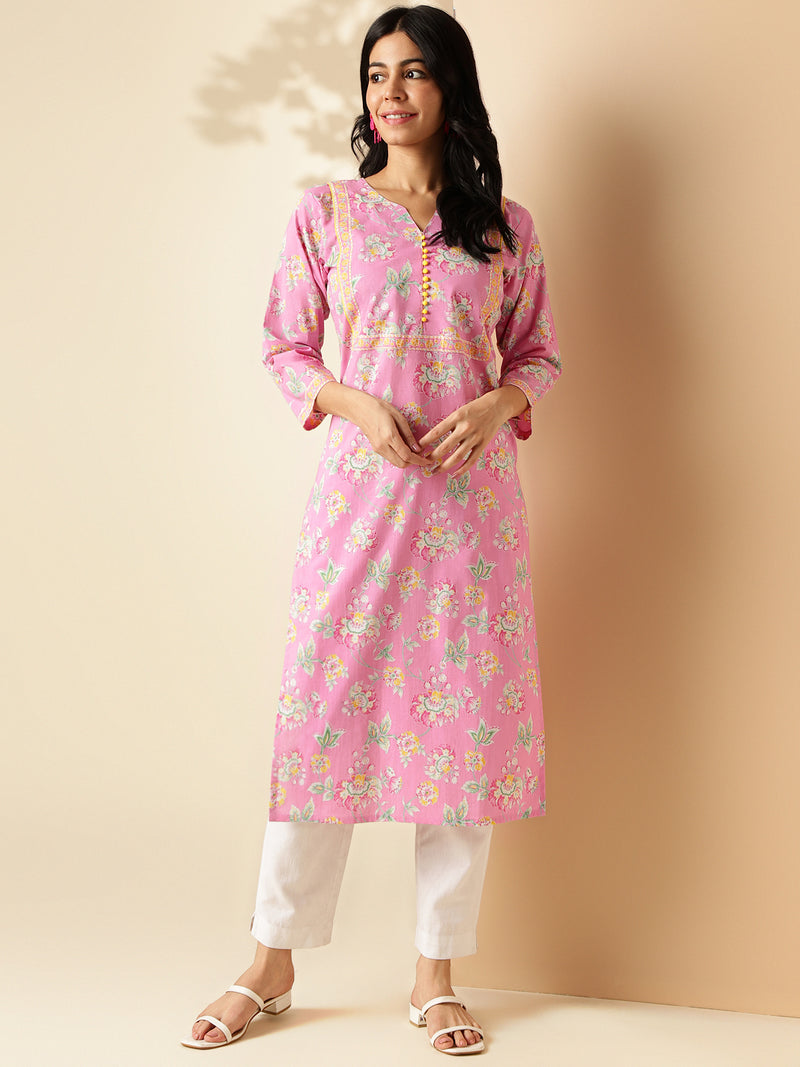 Pink Floral Print With Lace Work Straight Cotton Kurta