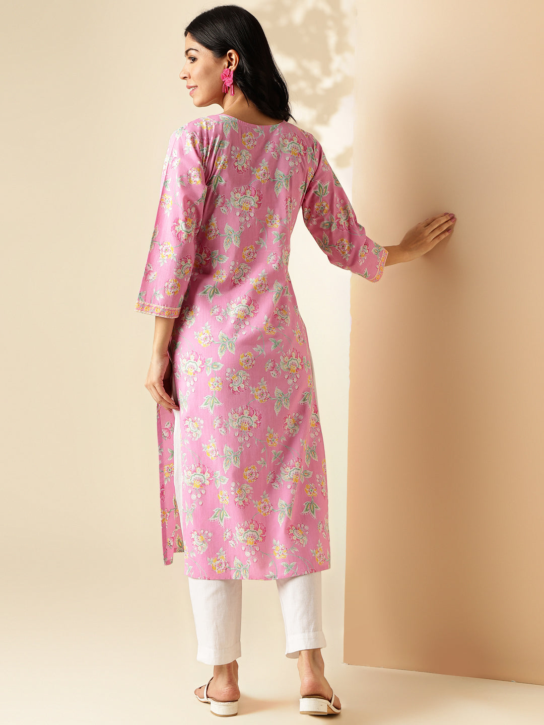 Pink Floral Print With Lace Work Straight Cotton Kurta