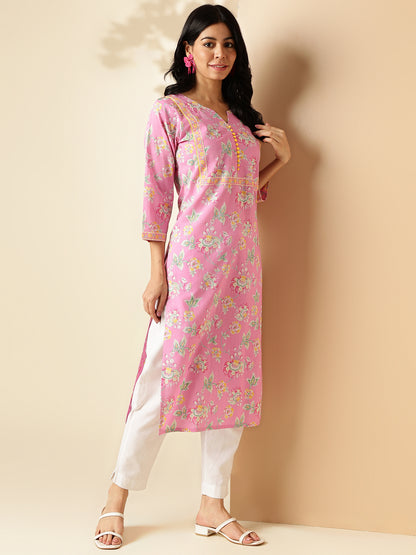 Pink Floral Print With Lace Work Straight Cotton Kurta