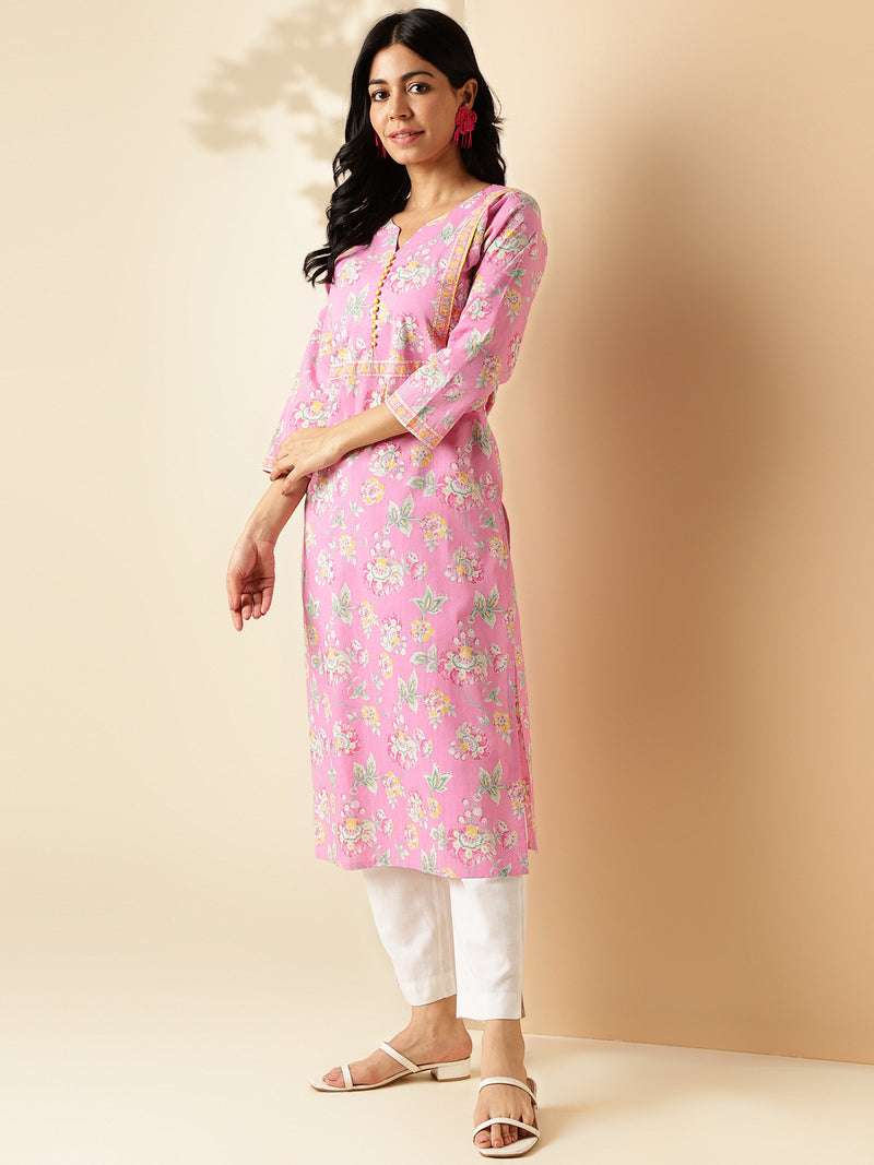 Pink Floral Print With Lace Work Straight Cotton Kurta