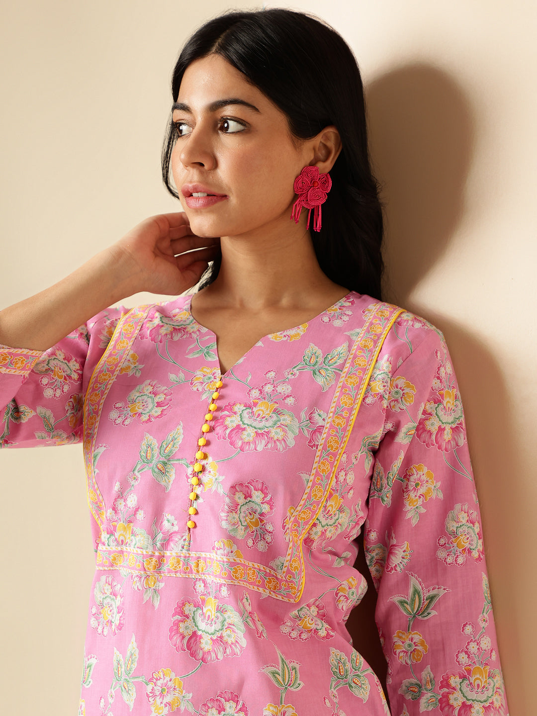 Pink Floral Print With Lace Work Straight Cotton Kurta