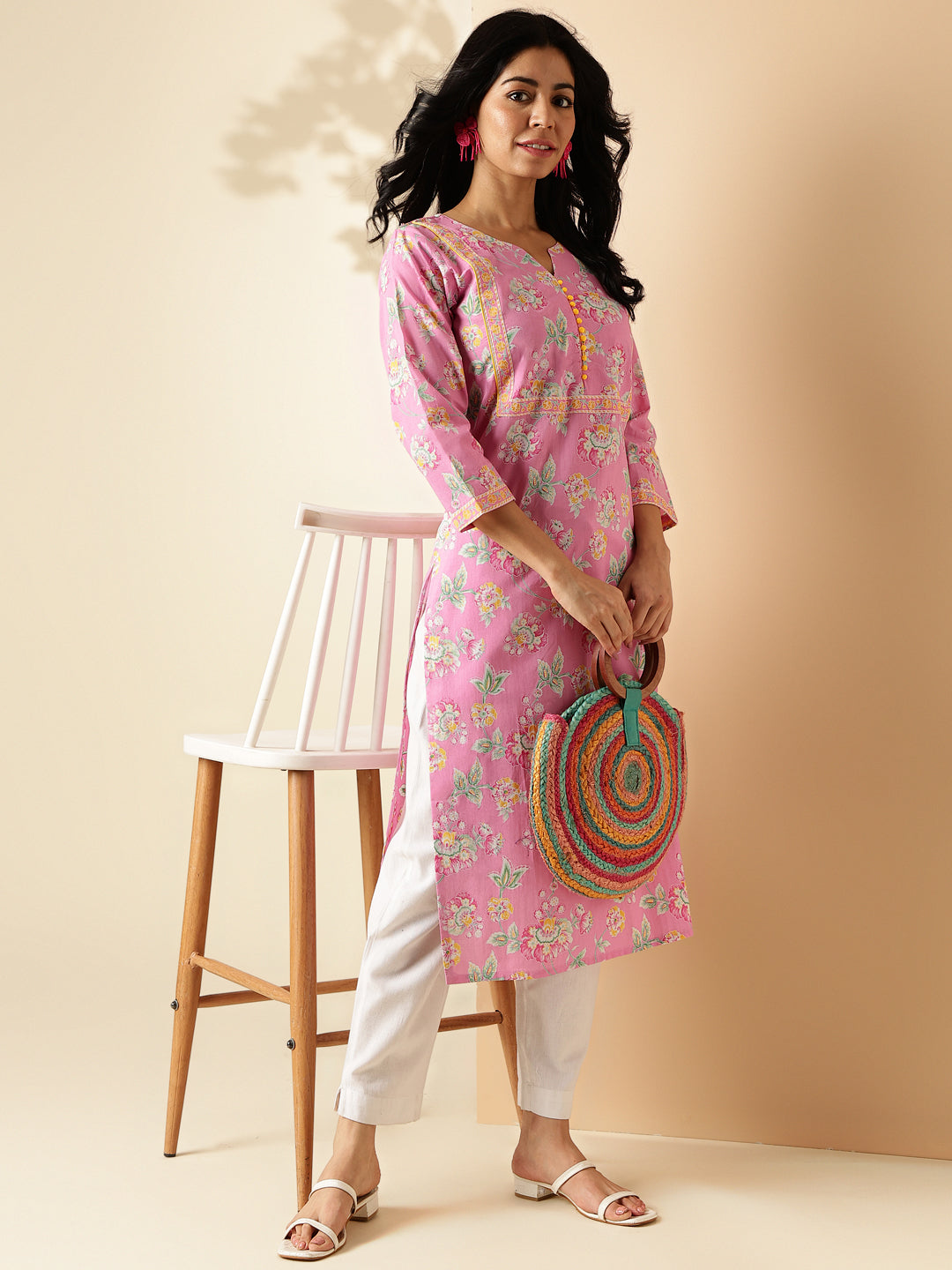 Pink Floral Print With Lace Work Straight Cotton Kurta