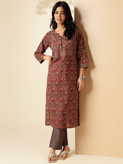 Brown Floral Print With Lace Work Straight Cotton Kurta