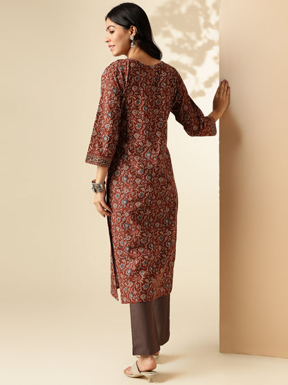 Brown Floral Print With Lace Work Straight Cotton Kurta