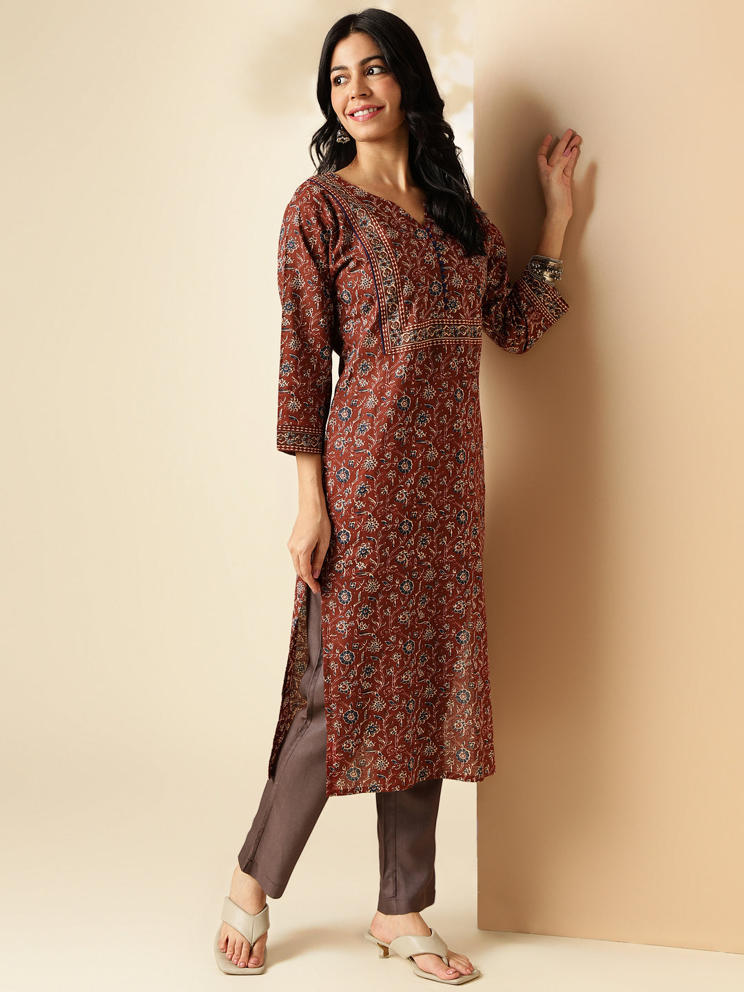 Brown Floral Print With Lace Work Straight Cotton Kurta