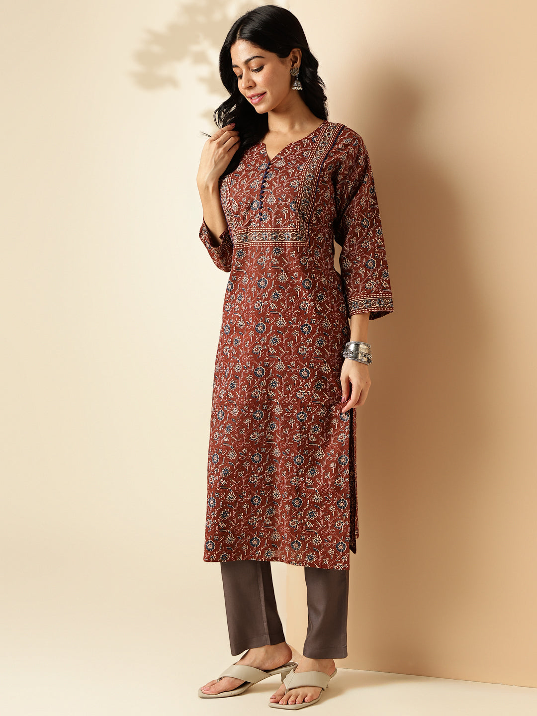 Brown Floral Print With Lace Work Straight Cotton Kurta