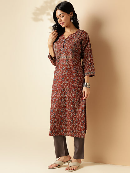 Brown Floral Print With Lace Work Straight Cotton Kurta