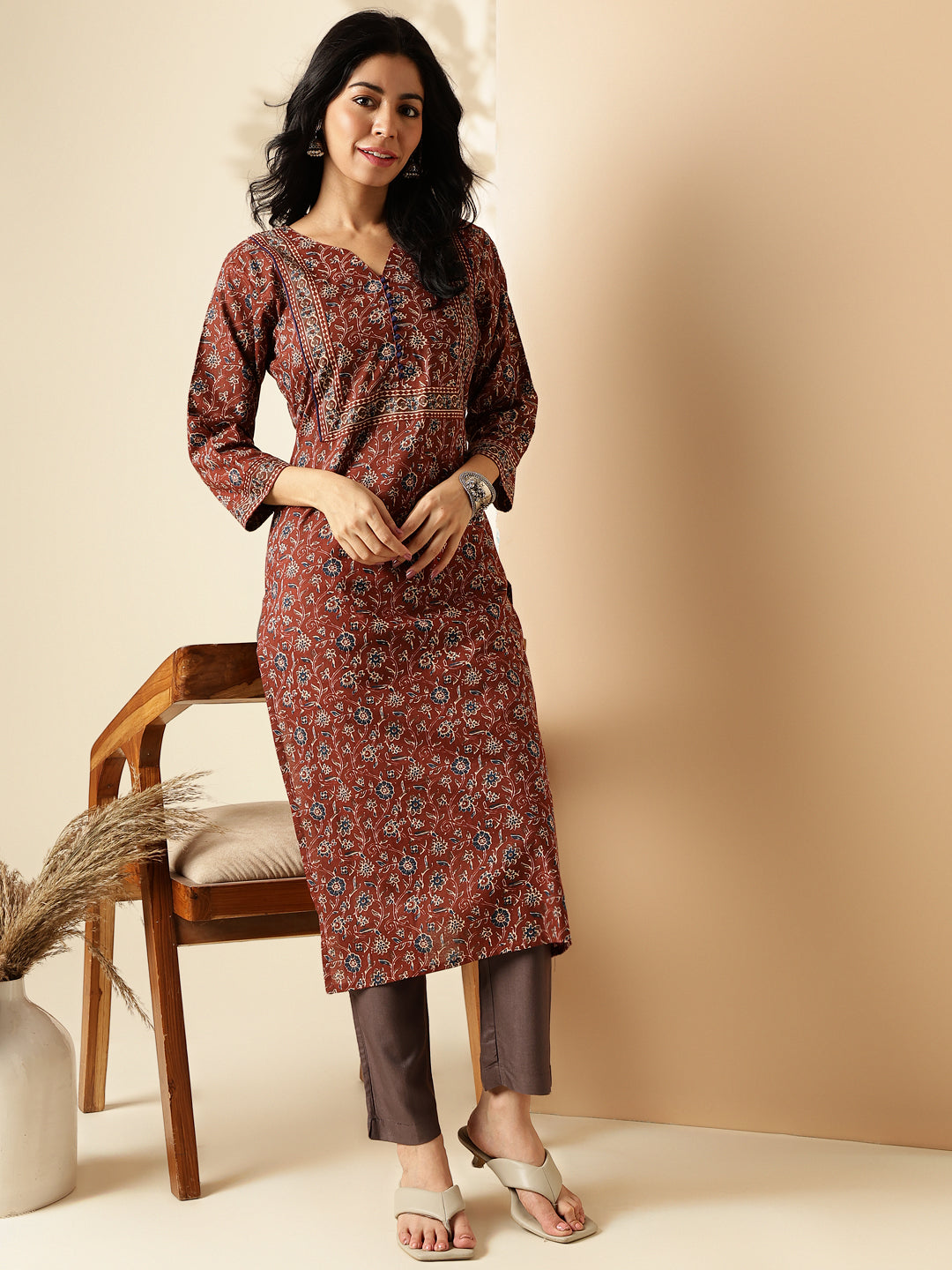 Brown Floral Print With Lace Work Straight Cotton Kurta