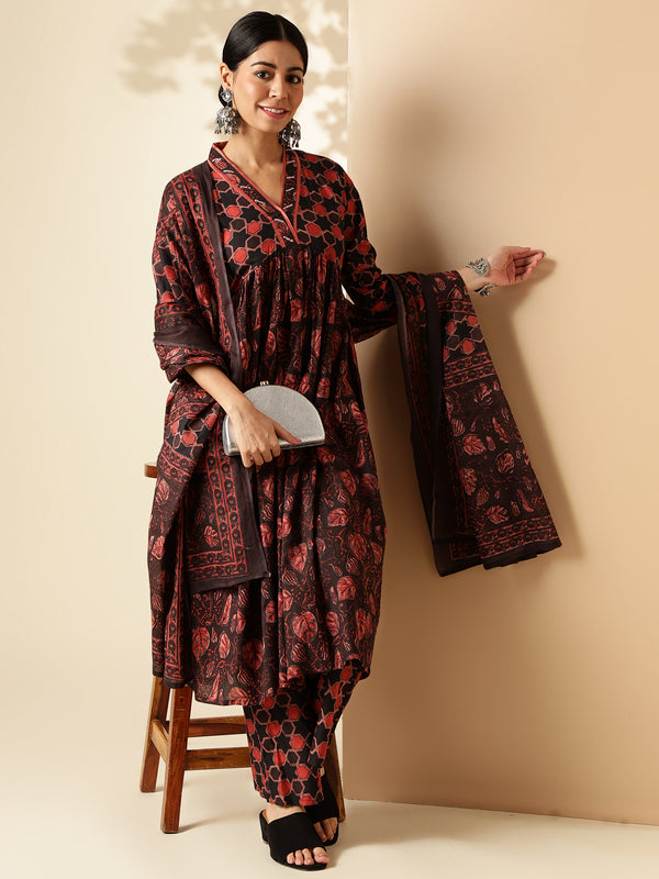 Crimson Red Floral Print With Sequence Work Cotton Aaliya Cut Kurta Set