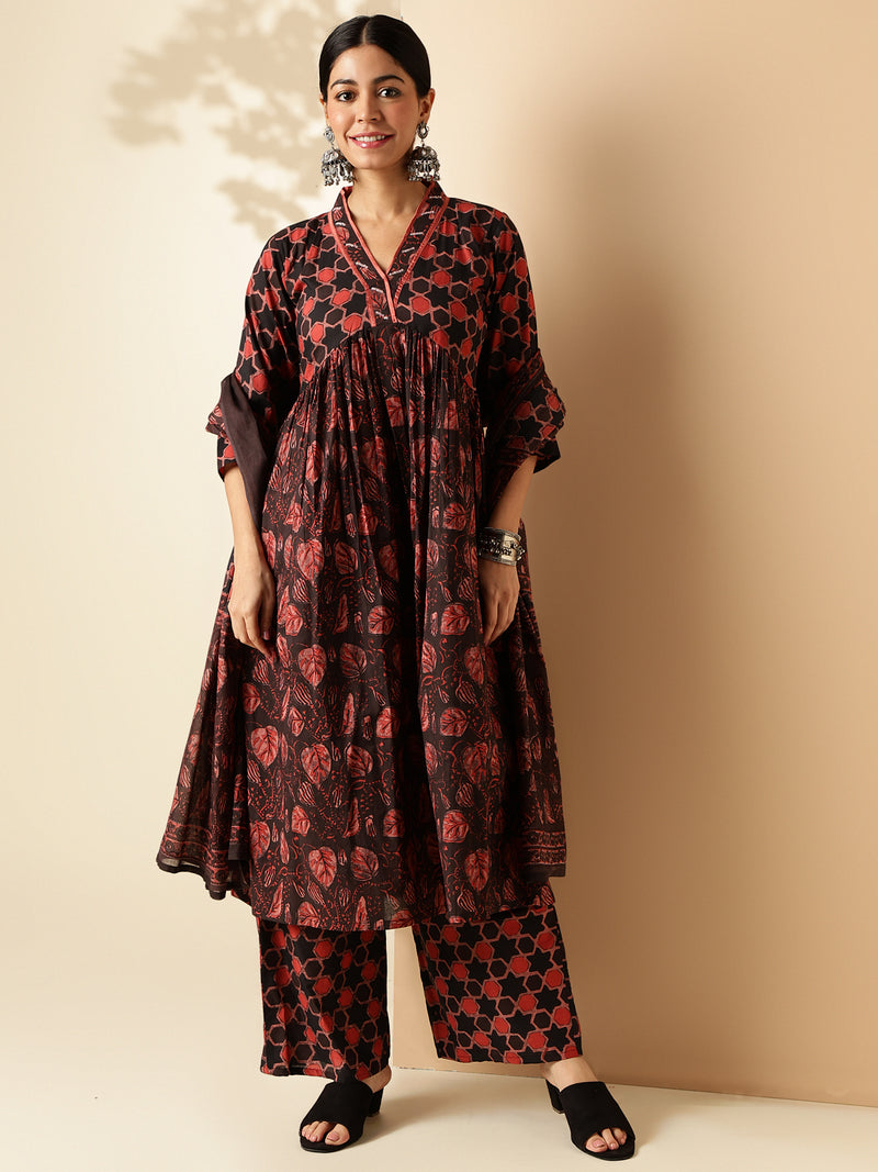 Crimson Red Floral Print With Sequence Work Cotton Aaliya Cut Kurta Set