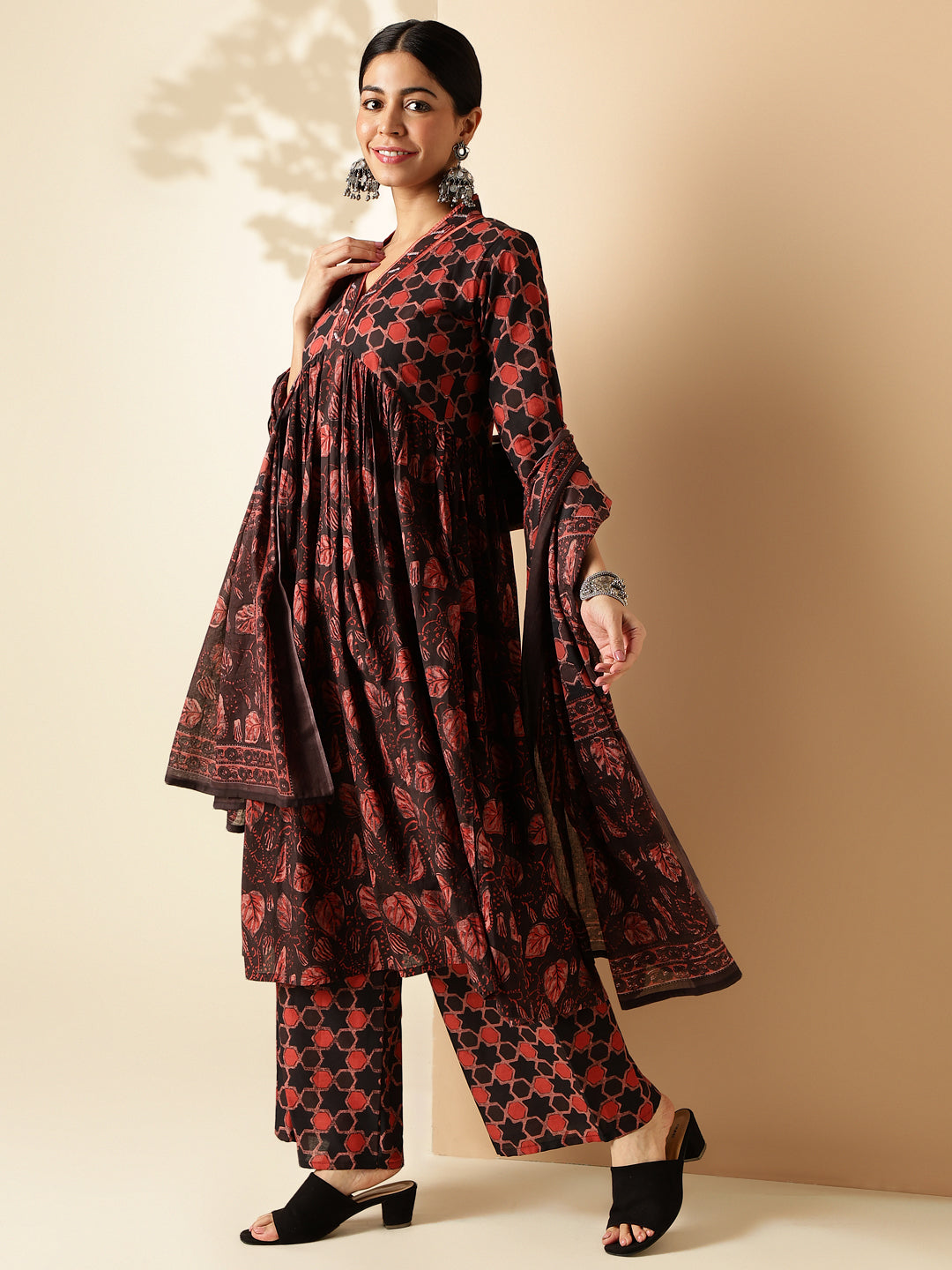 Crimson Red Floral Print With Sequence Work Cotton Aaliya Cut Kurta Set