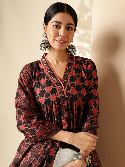 Crimson Red Floral Print With Sequence Work Cotton Aaliya Cut Kurta Set