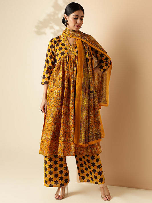 Mustard Floral Print With Sequence Work Alia Cut Cotton Kurta Set