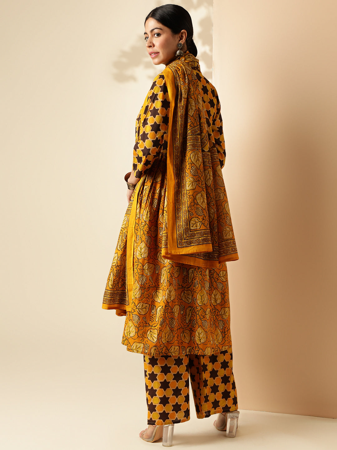 Mustard Floral Print With Sequence Work Alia Cut Cotton Kurta Set