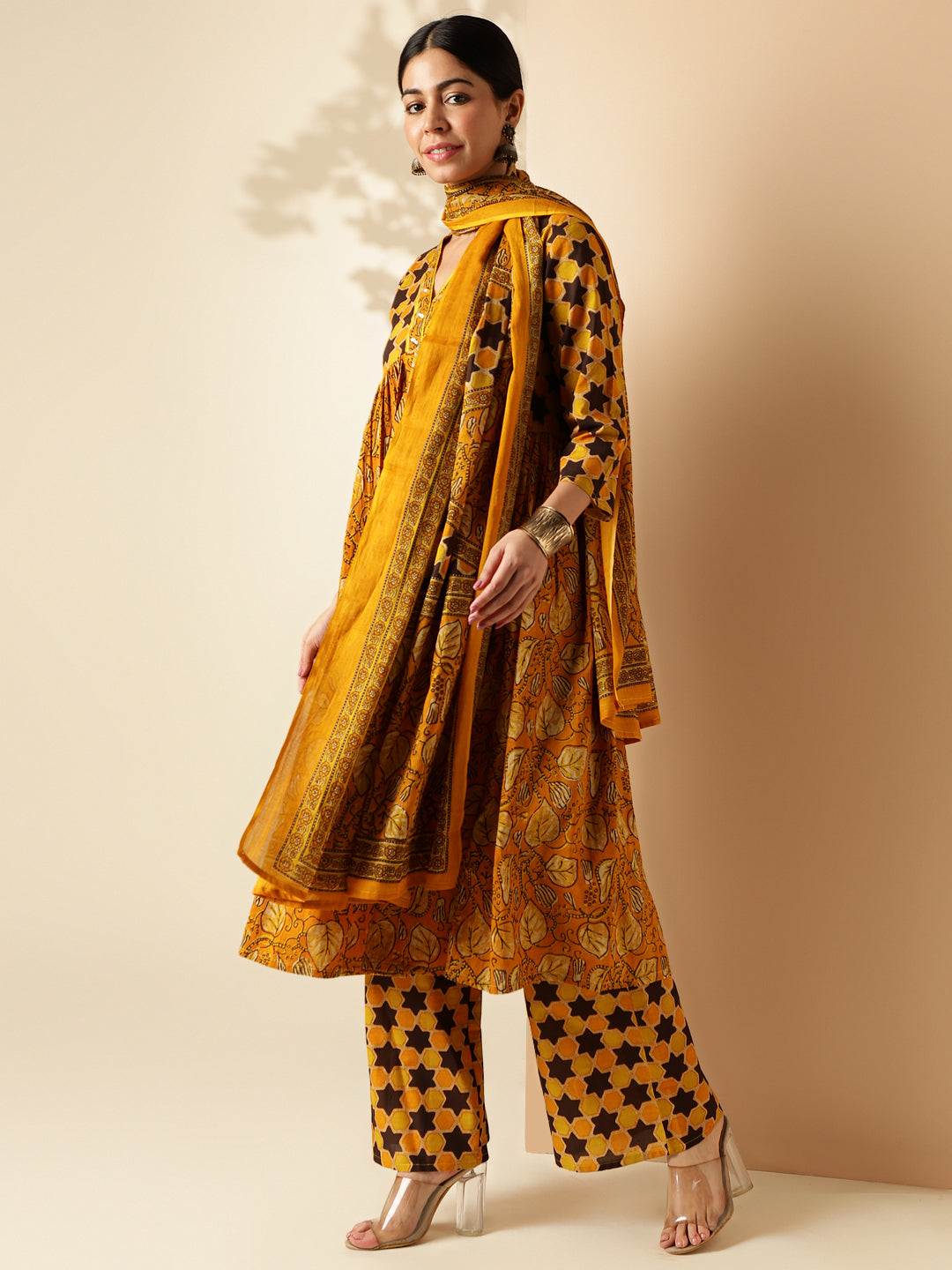 Mustard Floral Print With Sequence Work Alia Cut Cotton Kurta Set