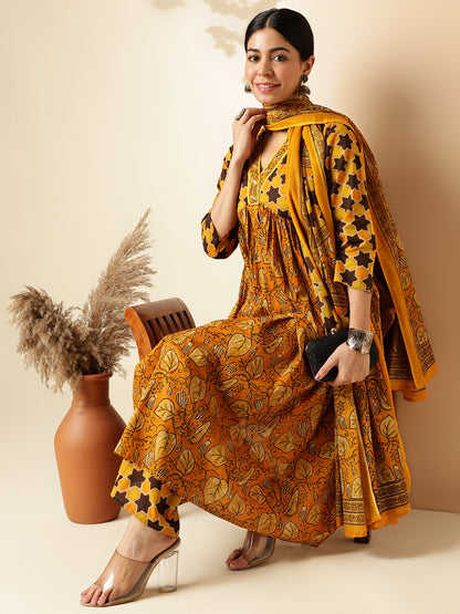 Mustard Floral Print With Sequence Work Alia Cut Cotton Kurta Set