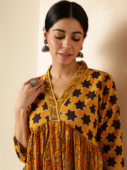 Mustard Floral Print With Sequence Work Alia Cut Cotton Kurta Set