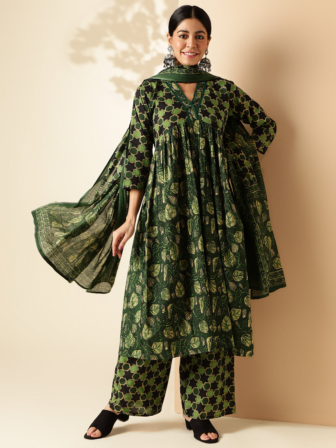 Mahendi Green Floral Print With Sequence Work Alia Cut Cotton Kurta Set