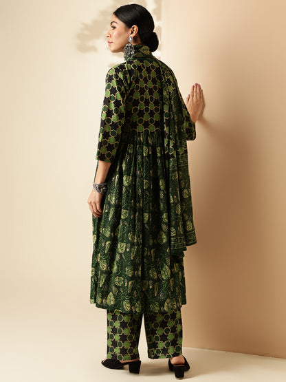 Mahendi Green Floral Print With Sequence Work Alia Cut Cotton Kurta Set