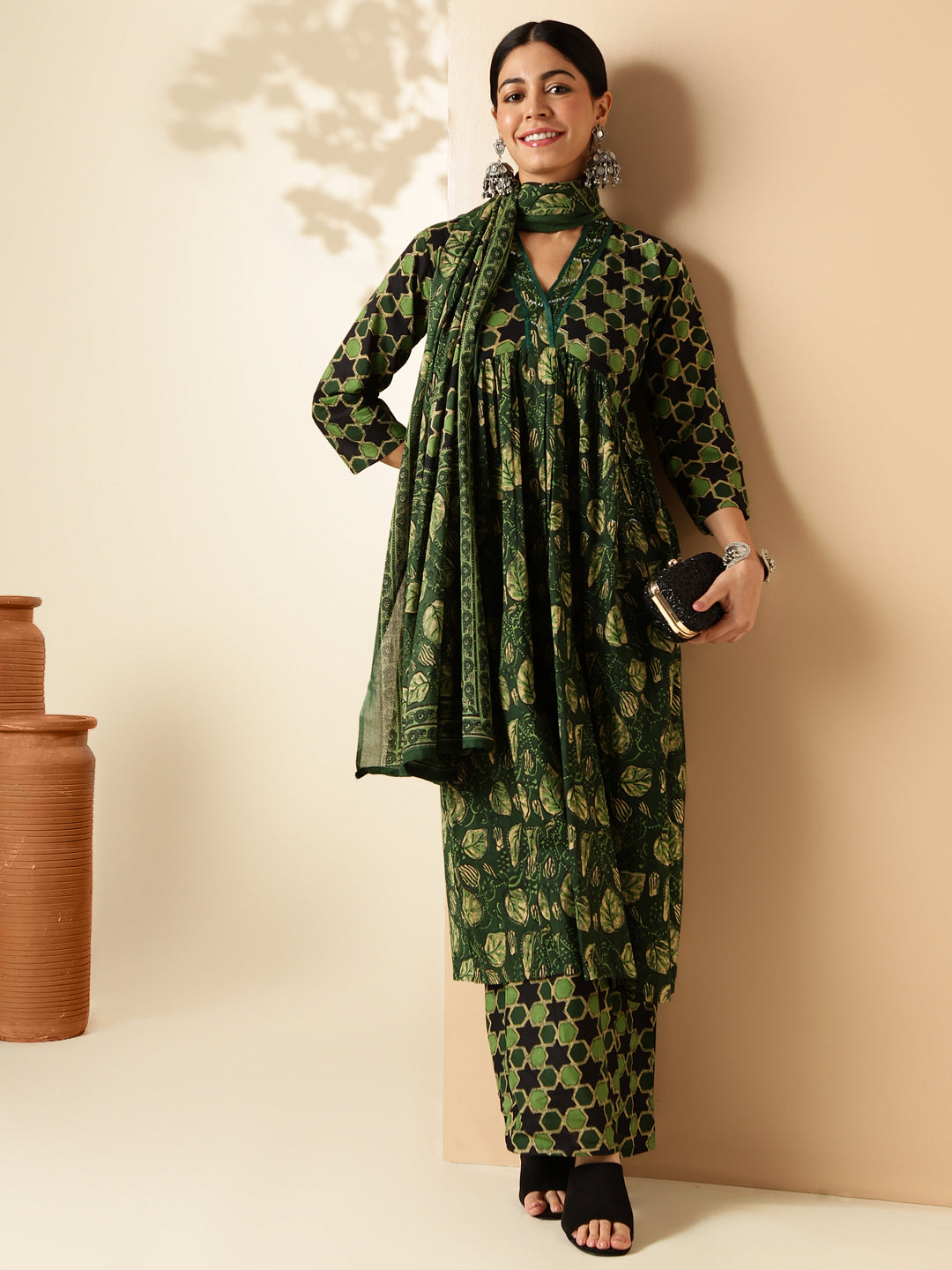 Mahendi Green Floral Print With Sequence Work Alia Cut Cotton Kurta Set