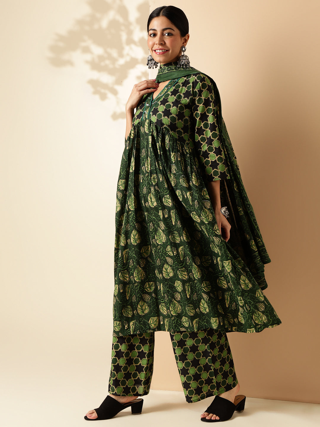 Mahendi Green Floral Print With Sequence Work Alia Cut Cotton Kurta Set