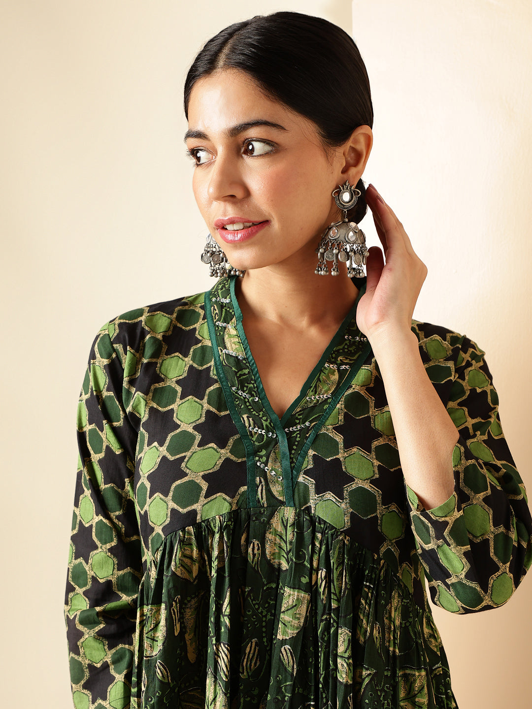 Mahendi Green Floral Print With Sequence Work Alia Cut Cotton Kurta Set