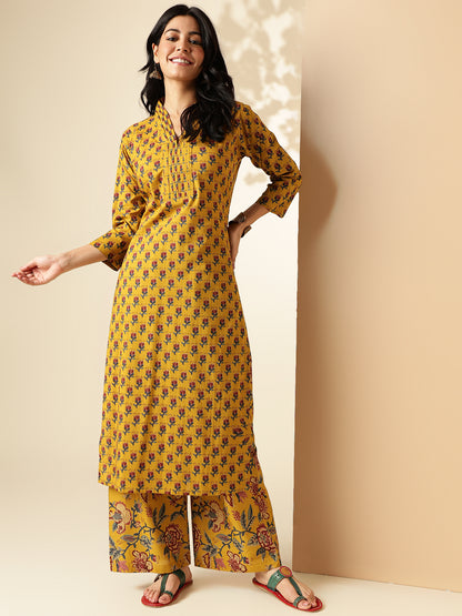 Mustard Floral Printed Straight Cotton Kurta With Palazzo