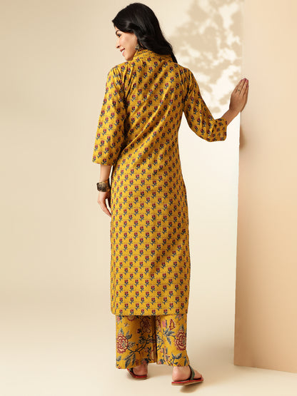 Mustard Floral Printed Straight Cotton Kurta With Palazzo