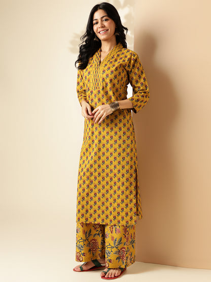 Mustard Floral Printed Straight Cotton Kurta With Palazzo