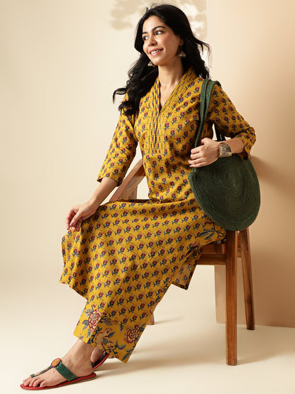 Mustard Floral Printed Straight Cotton Kurta With Palazzo