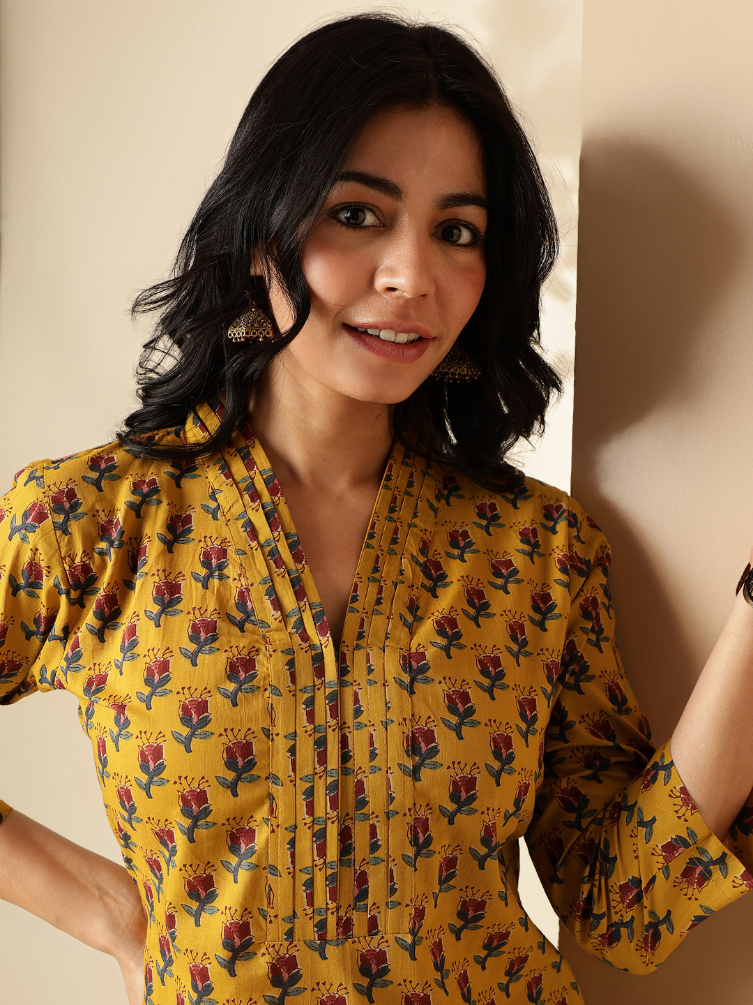 Mustard Floral Printed Straight Cotton Kurta With Palazzo