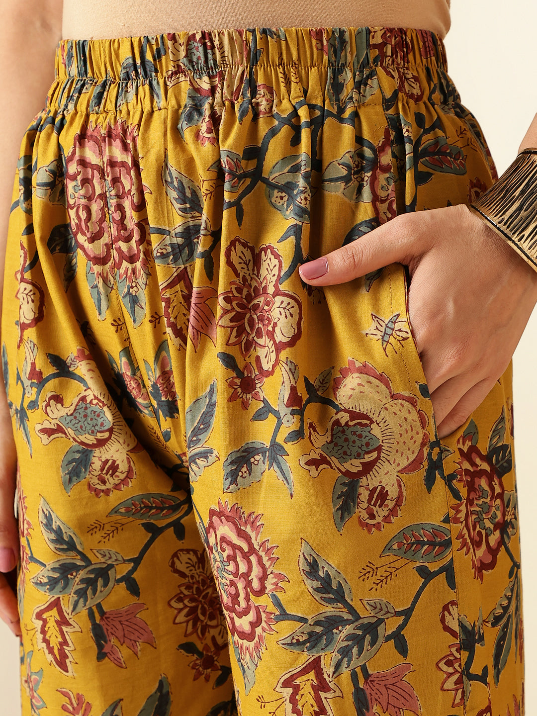 Mustard Floral Printed Straight Cotton Kurta With Palazzo