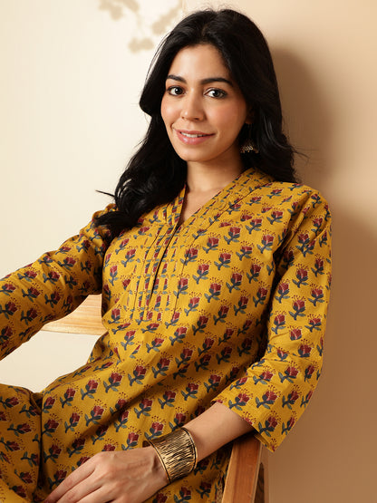 Mustard Floral Printed Straight Cotton Kurta With Palazzo