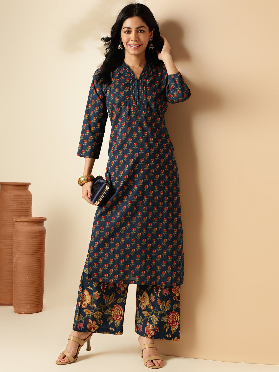 Blue Floral Printed Straight Cotton Kurta With Palazzo