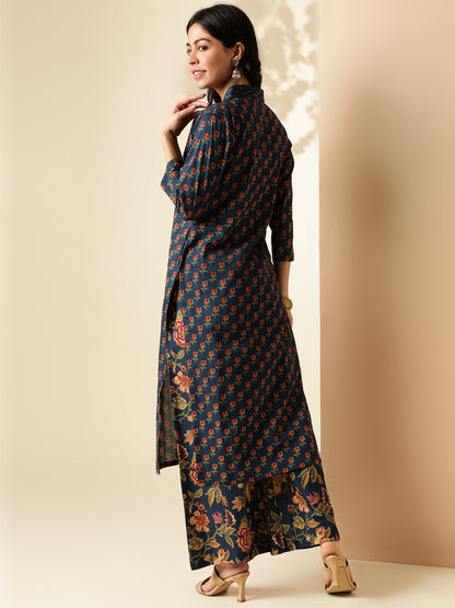 Blue Floral Printed Straight Cotton Kurta With Palazzo