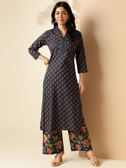 Blue Floral Printed Straight Cotton Kurta With Palazzo