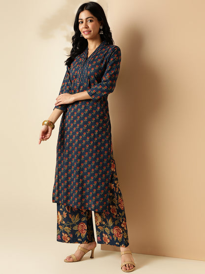 Blue Floral Printed Straight Cotton Kurta With Palazzo