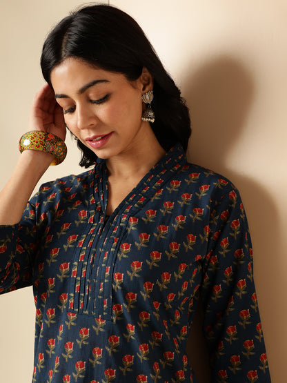 Blue Floral Printed Straight Cotton Kurta With Palazzo