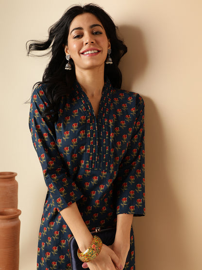 Blue Floral Printed Straight Cotton Kurta With Palazzo