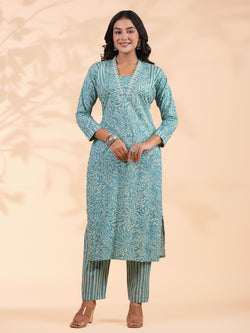 Aqua Blue Floral Print With Striped Pattern Straight Cotton Stitched Kurta With Pant