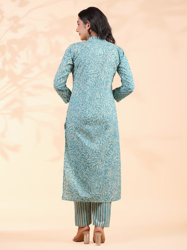 Aqua Blue Floral Print With Striped Pattern Straight Cotton Stitched Kurta With Pant