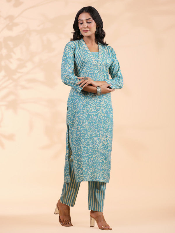 Aqua Blue Floral Print With Striped Pattern Straight Cotton Stitched Kurta With Pant