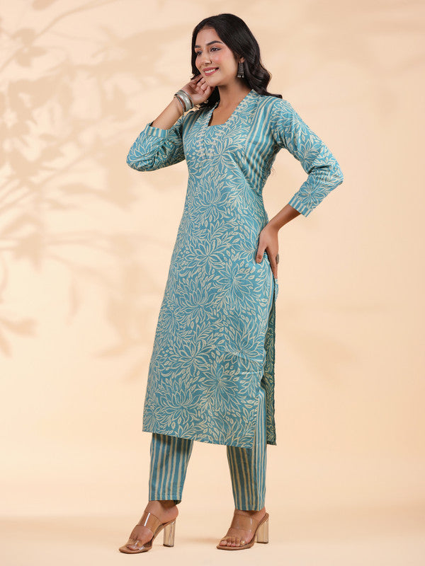 Aqua Blue Floral Print With Striped Pattern Straight Cotton Stitched Kurta With Pant