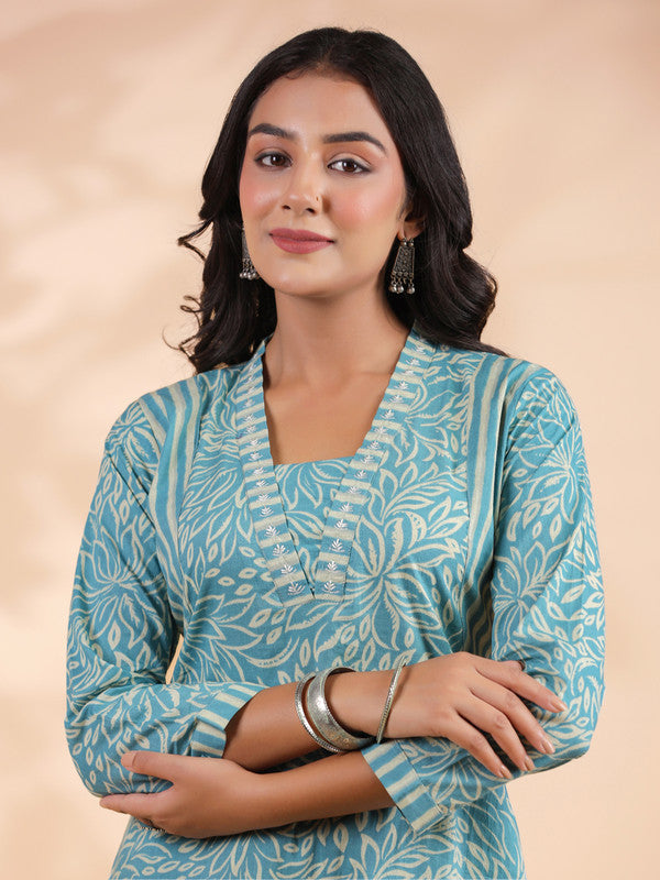 Aqua Blue Floral Print With Striped Pattern Straight Cotton Stitched Kurta With Pant