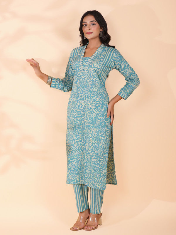 Aqua Blue Floral Print With Striped Pattern Straight Cotton Stitched Kurta With Pant