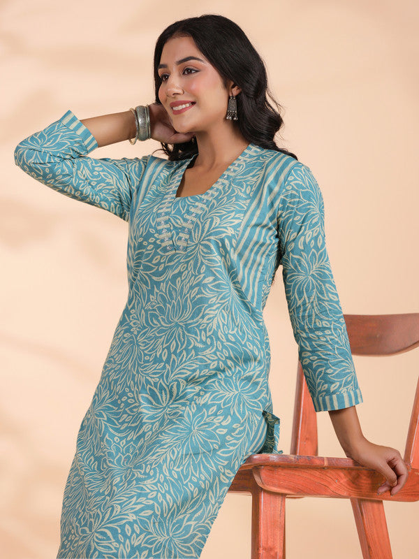 Aqua Blue Floral Print With Striped Pattern Straight Cotton Stitched Kurta With Pant