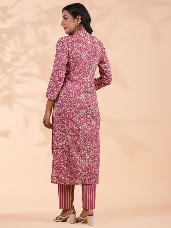 Pink Floral Print With Striped Pattern Straight Cotton Stitched Kurta With Pant