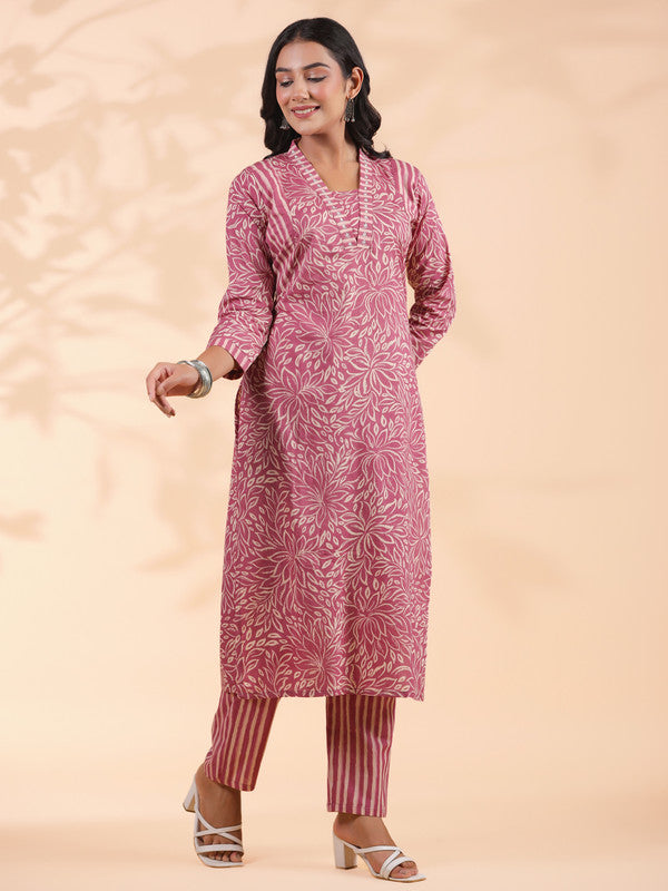 Pink Floral Print With Striped Pattern Straight Cotton Stitched Kurta With Pant