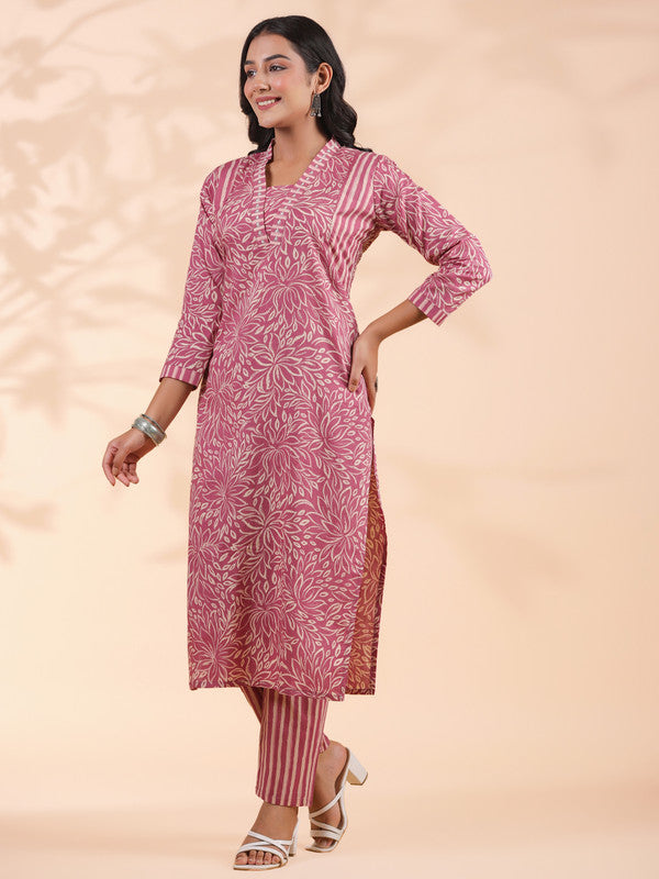 Pink Floral Print With Striped Pattern Straight Cotton Stitched Kurta With Pant